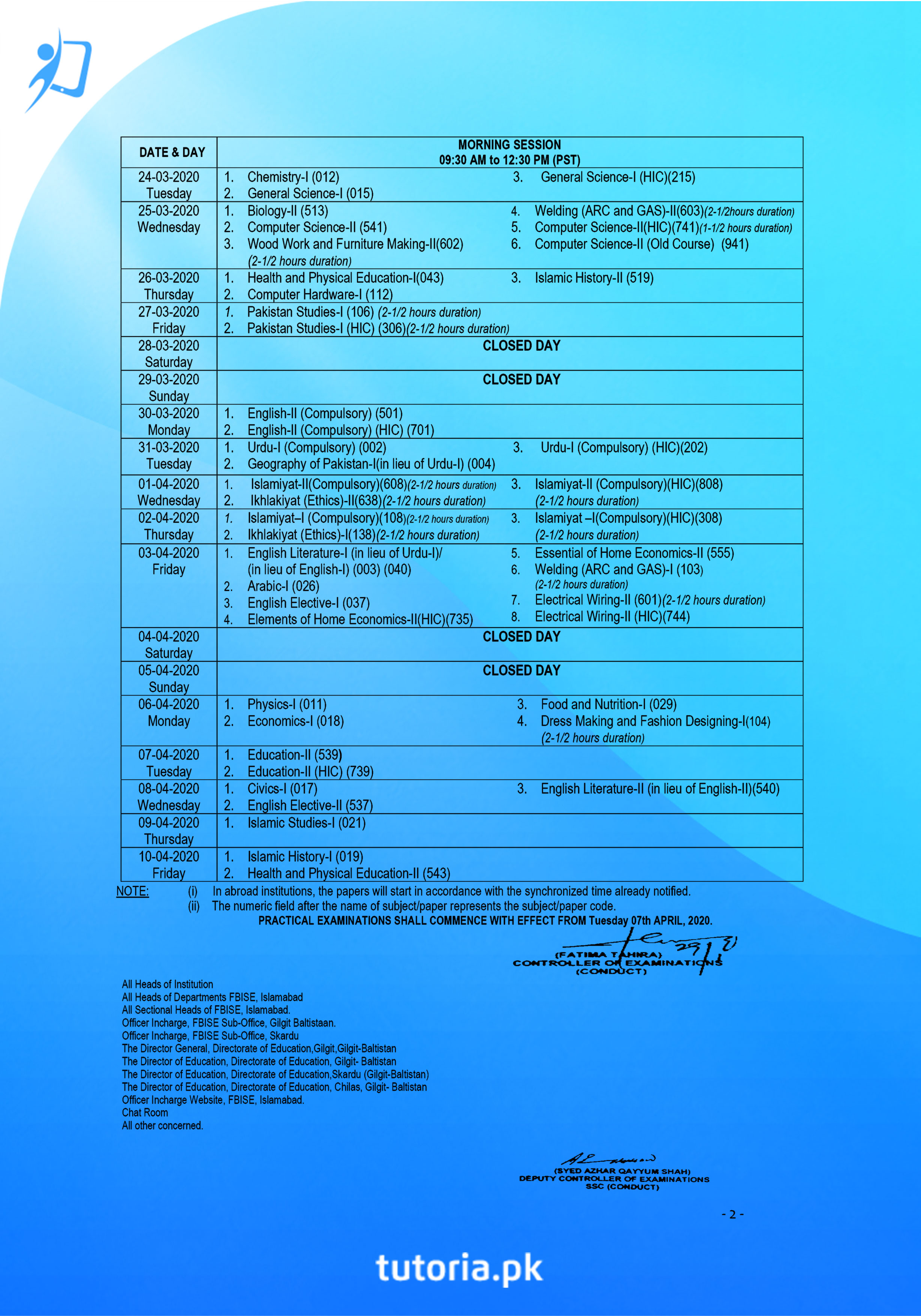 Federal Board 9th Class Date Sheet 2020 Tutoria Pk Blog